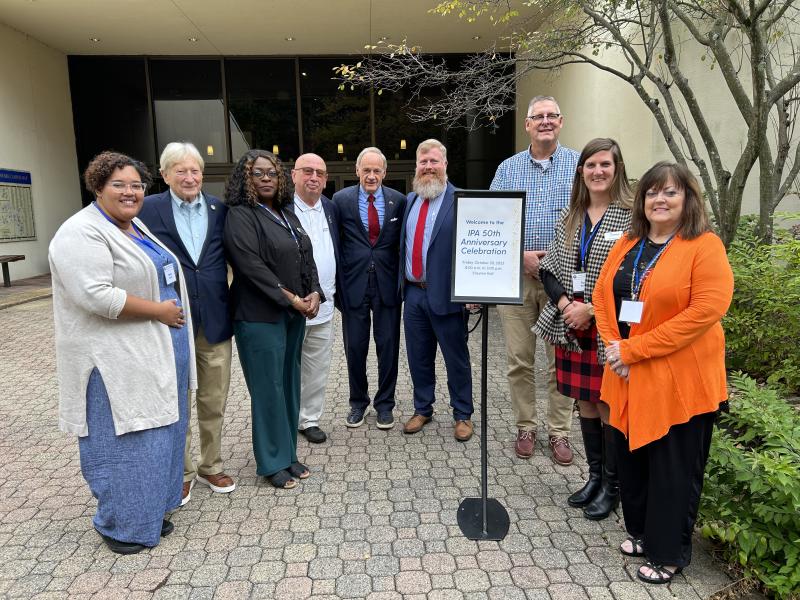 Attendees at the 50th anniversary ceremony are (l-r) Henlopen Acres Town Clerk Kayla Pedrick, Millville Mayor Ron Belinko, Milford Deputy City Clerk Katrina White, Millville Councilmember Robert Wisgirda, Sen. Tom Carper, Millsboro Town Manager Jamie Burk, IPA alumnus and Georgetown Town Manager Gene Dvornick, Milford Economic Development and Community Engagement Administrator Sara Bluhm and Milford City Clerk Theresa Hudson. SUBMITTED PHOTO